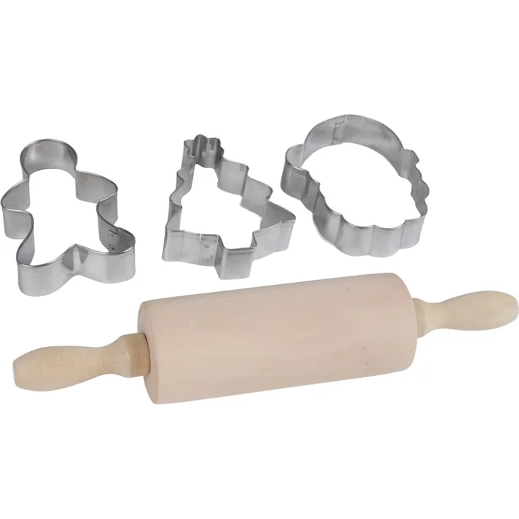 Mini Weihnachts-Back-Set mit Nudelholz und 3 Ausstechformen Teigrolle Plätzchen