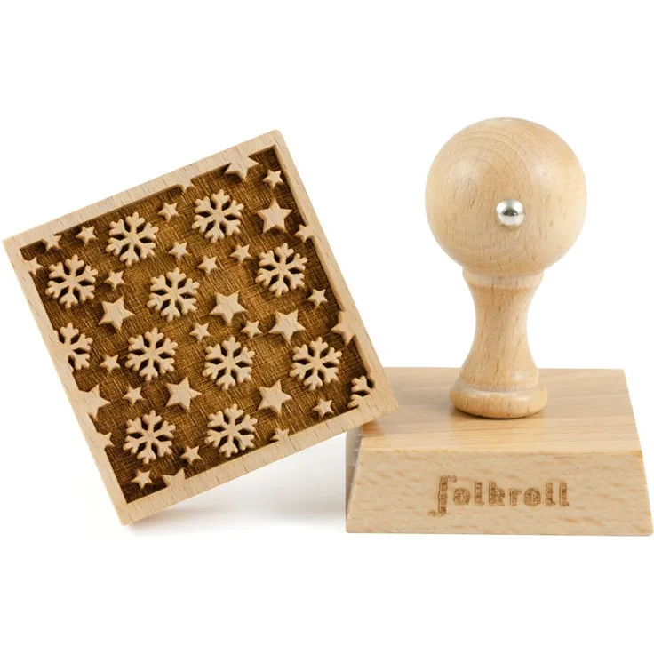 Folkroll Buchenholz Keks-Stempel Schneeflocken & Sterne 55x55 mm