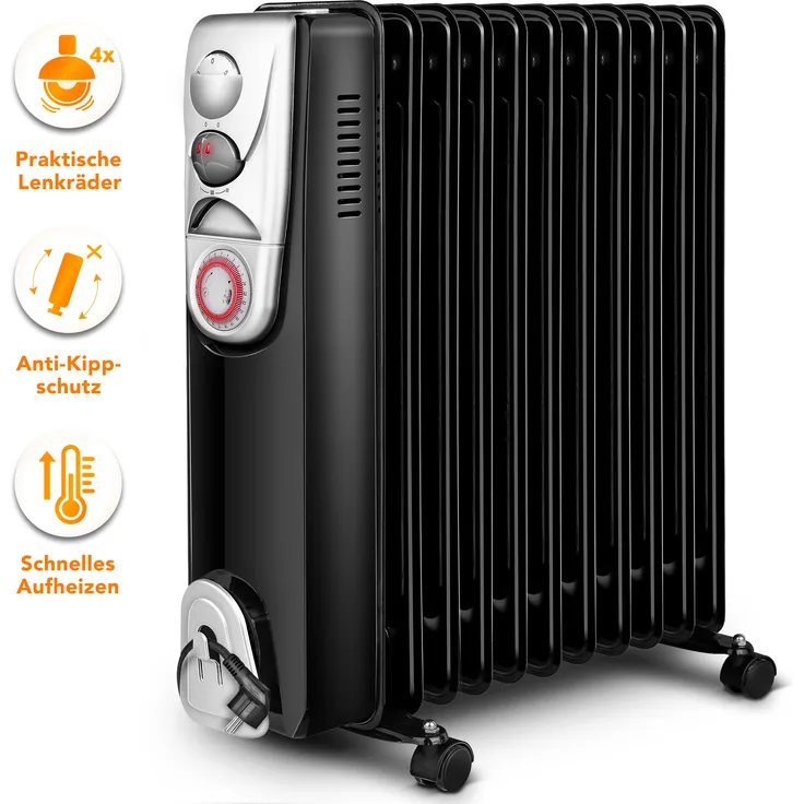 Ölradiator 2500W Elektroheizung 9 Rippen Radiator Heizkörper Heizung mit Timer, Radiator