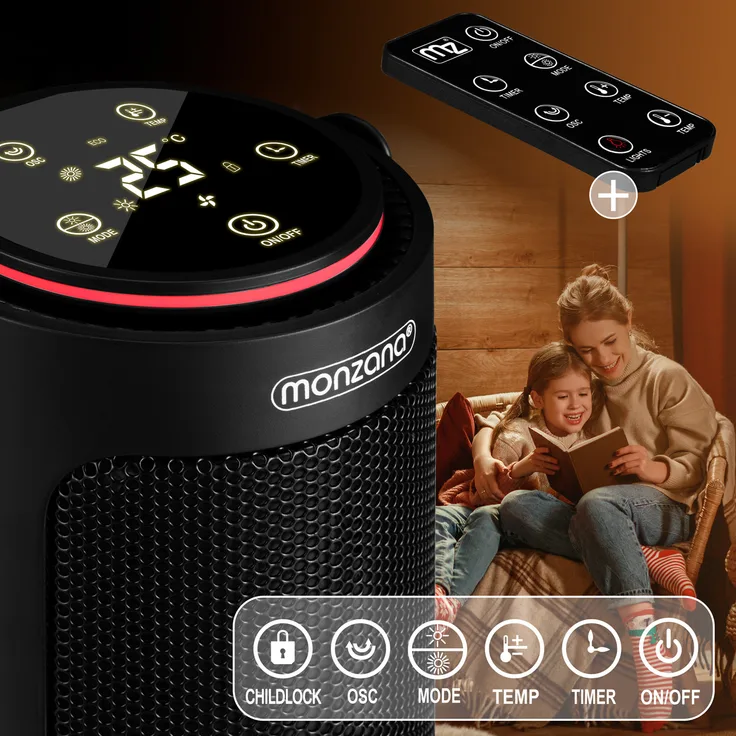 Monzana 2000W Ceramic Fan Heater - Energy-Saving Electric Heater with 4 Operating Modes including ECO and Fan Only (15-35°C) with Remote Control - Black, White, Konvektor