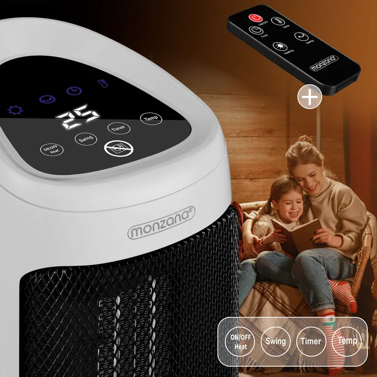 Monzana Keramik Heizlüfter 2000W 4 Betriebsmodi 15-40°C Energiesparend 120° Oszillation Timer Leise Fernbedienung Elektroheizung Heizstrahler, Heizstrahler