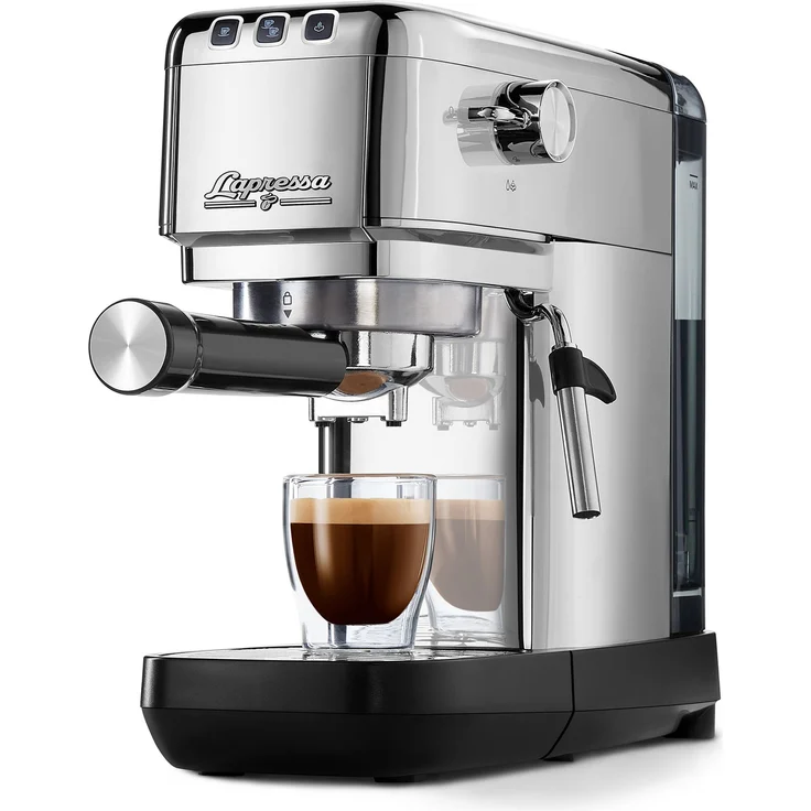 Tchibo Siebträger Espressomaschine „Lapressa“, mit Doppelauslauf und Milchaufschäumdüse (15 bar, 980ml Wassertank), inkl. zwei doppelwandigen Sieben, für Espresso und Milchschaum, Edelstahl – Bild 1