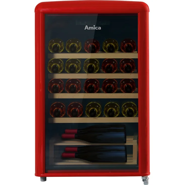 Amica WKR 341 920 R Weinkühlschrank Retro, freistehend, rot, 30 Flaschen, 5-20°C, Holzböden, Energieklasse G