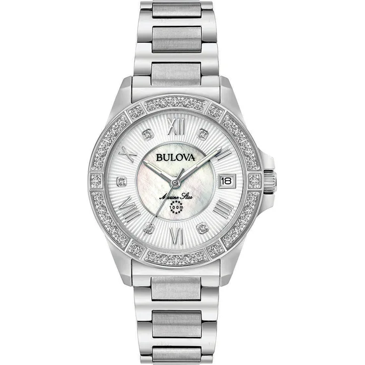 Bulova Damen Quarz Armbanduhr aus Edelstahl mit Edelstahl Band und Diamanten - Marine Star - 96R232