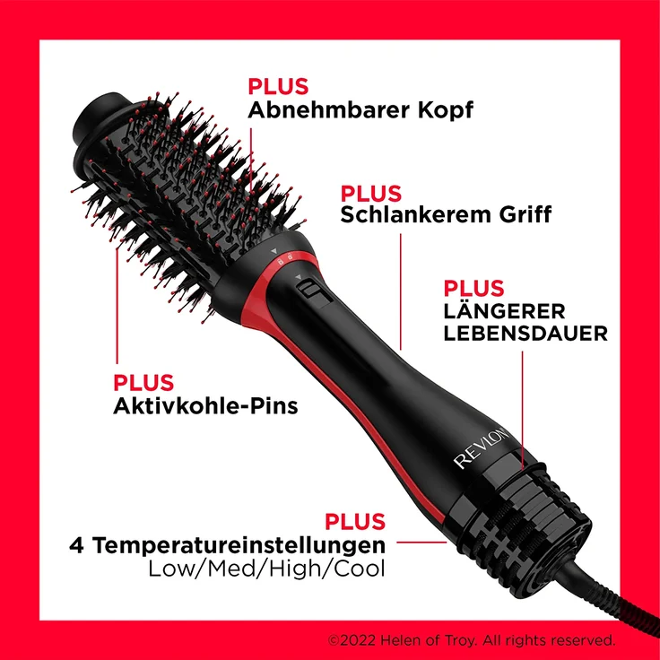 Revlon RVDR5298E One-Step Volumiser Plus Warmluftbürste, 800 Watt, abnehmbarer Kopf, Keramik-Titan-Platte, Gemischte Styling-Borsten mit Aktivkohle-Pins, schwarz, rot – Bild 4