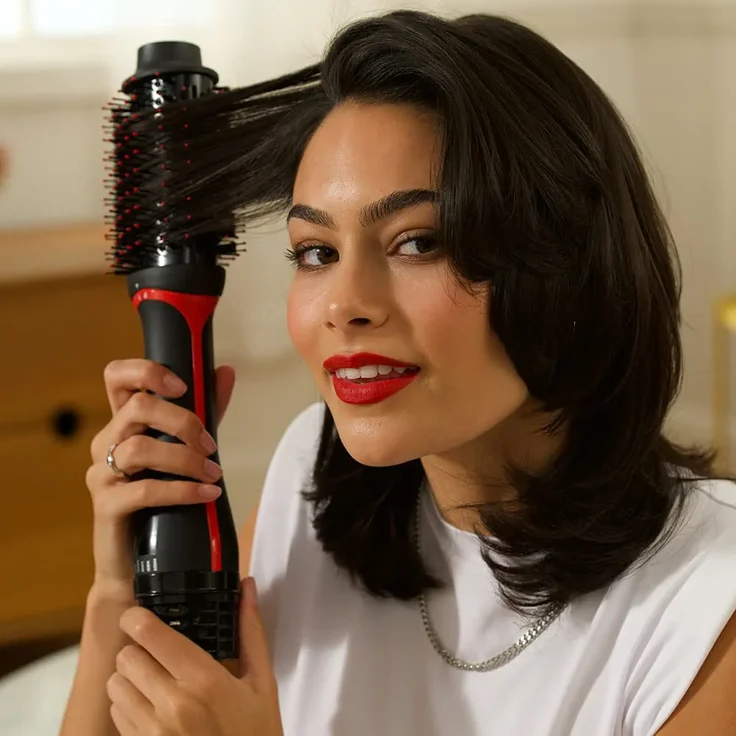 Revlon RVDR5298E One-Step Volumiser Plus Warmluftbürste, 800 Watt, abnehmbarer Kopf, Keramik-Titan-Platte, Gemischte Styling-Borsten mit Aktivkohle-Pins, schwarz, rot – Bild 3