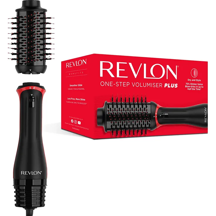 Revlon RVDR5298E One-Step Volumiser Plus Warmluftbürste, 800 Watt, abnehmbarer Kopf, Keramik-Titan-Platte, Gemischte Styling-Borsten mit Aktivkohle-Pins, schwarz, rot