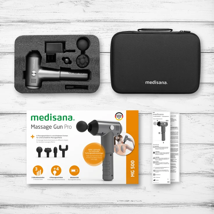medisana MG 500 Pro Massagepistole mit 4 Massageköpfen und 3 leistungsstarken Vibrationsstufen Selbstmassage für Schulter, Brust, Rücken und weiteren Körperregionen mit Aufbewahrungstasche – Bild 7