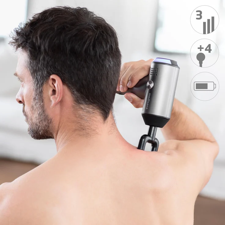 medisana MG 500 Pro Massagepistole mit 4 Massageköpfen und 3 leistungsstarken Vibrationsstufen Selbstmassage für Schulter, Brust, Rücken und weiteren Körperregionen mit Aufbewahrungstasche – Bild 4