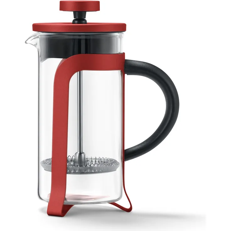 Tchibo Siebstempelkanne für manuelle Kaffeezubereitung, French Press mit hitzebeständigem Borosilikatglas, spülmaschinengeeignet, 300ml Fassungsvermögen für ca. 2 Tassen, Edelstahl, Rot
