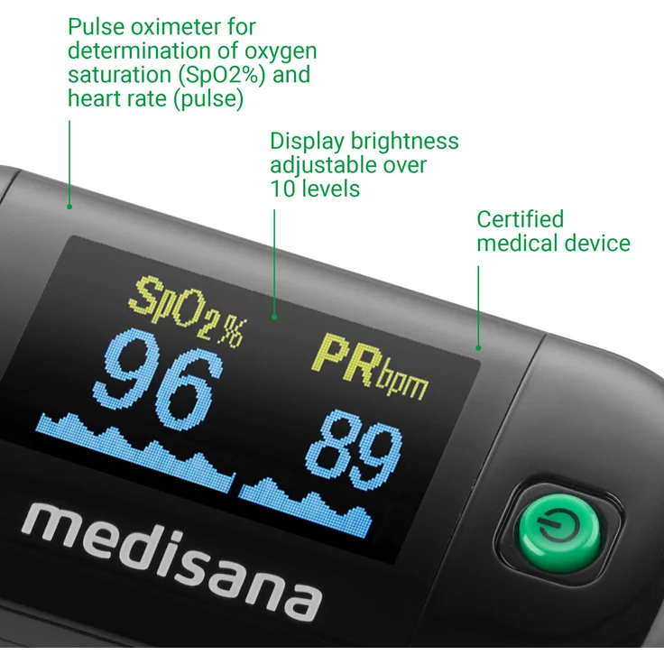 medisana PM 100 Pulsoximeter, Messung der Sauerstoffsättigung im Blut, Fingerpulsoxymeter mit OLED-Display und One-Touch Bedienung in schwarz – Bild 5