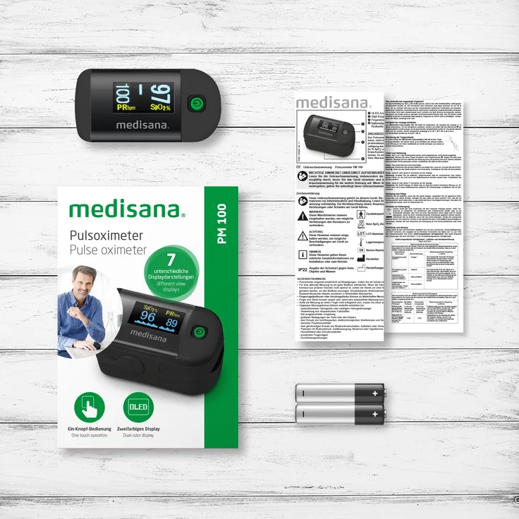 medisana PM 100 Pulsoximeter, Messung der Sauerstoffsättigung im Blut, Fingerpulsoxymeter mit OLED-Display und One-Touch Bedienung in schwarz – Bild 7
