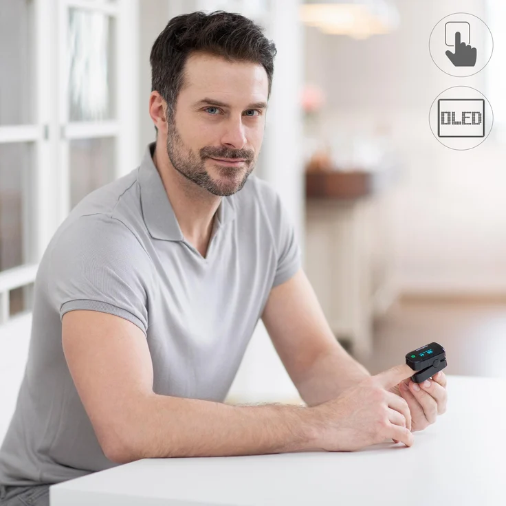 medisana PM 100 Pulsoximeter, Messung der Sauerstoffsättigung im Blut, Fingerpulsoxymeter mit OLED-Display und One-Touch Bedienung in schwarz – Bild 4