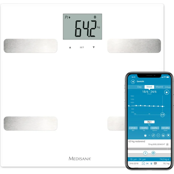 medisana BS A43 connect, digitale Körperanalysewaage bis 180kg, Personenwaage zur Messung von Körperfett, Körperwasser, Muskelmasse und Knochengewicht, Körperfettwaage mit Körperanalyse App – Bild 1
