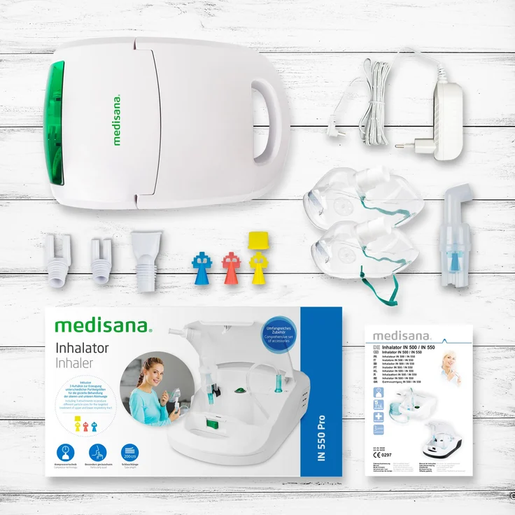 medisana IN 550 Inhalator, Kompressor Vernebler mit Mundstück und Maske für Erwachsene und Kinder, bei Erkältungen oder Asthma mit extra viel Zubehör, langem Schlauch und Zubehörfach – Bild 7