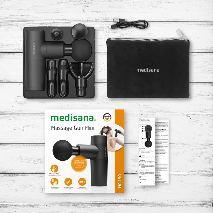 medisana MG 150 Mini Massagepistole mit 6 Massageköpfen und 5 Vibrationsstufen, Selbstmassage für Schulter, Brust, Rücken und weiteren Körperregionen mit LED-Kontrollleuchte und Aufbewahrungstasche – Bild 7
