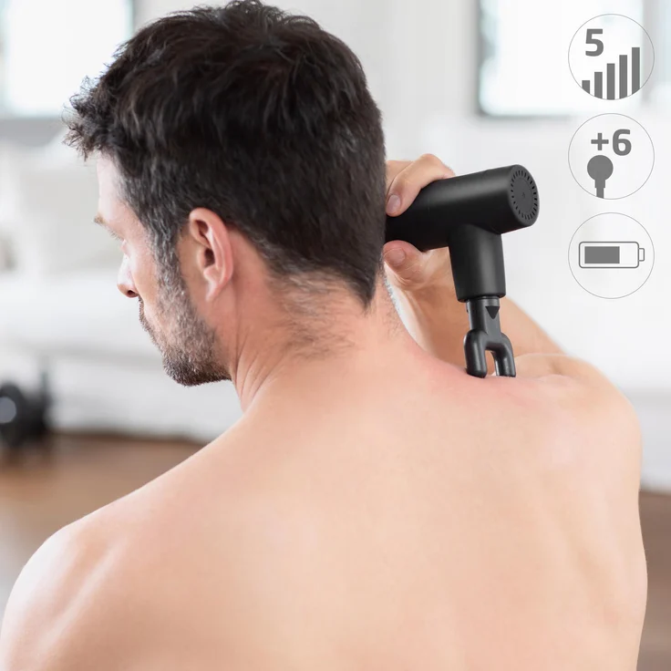 medisana MG 150 Mini Massagepistole mit 6 Massageköpfen und 5 Vibrationsstufen, Selbstmassage für Schulter, Brust, Rücken und weiteren Körperregionen mit LED-Kontrollleuchte und Aufbewahrungstasche – Bild 4