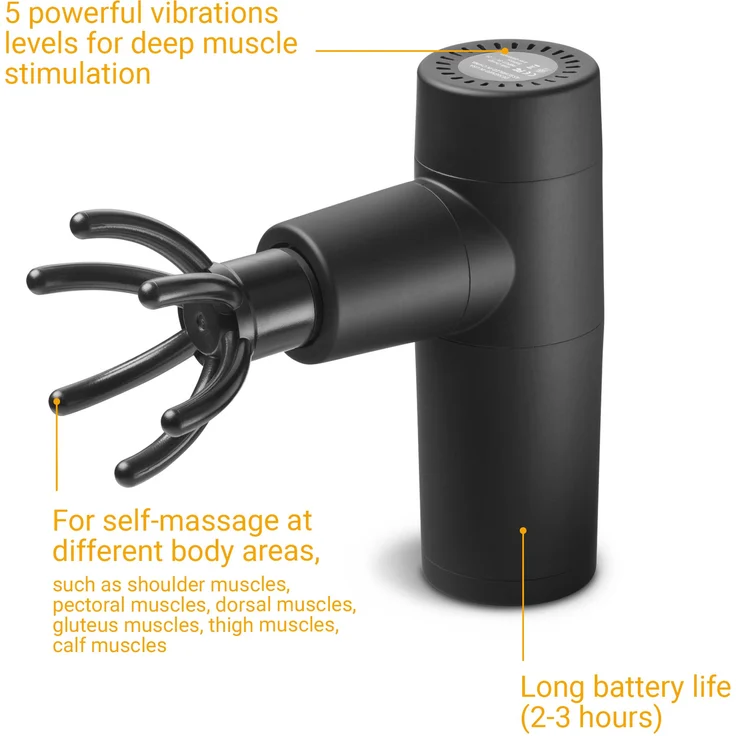 medisana MG 150 Mini Massagepistole mit 6 Massageköpfen und 5 Vibrationsstufen, Selbstmassage für Schulter, Brust, Rücken und weiteren Körperregionen mit LED-Kontrollleuchte und Aufbewahrungstasche – Bild 5