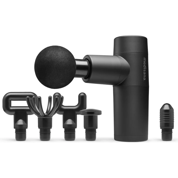 medisana MG 150 Mini Massagepistole mit 6 Massageköpfen und 5 Vibrationsstufen, Selbstmassage für Schulter, Brust, Rücken und weiteren Körperregionen mit LED-Kontrollleuchte und Aufbewahrungstasche – Bild 1