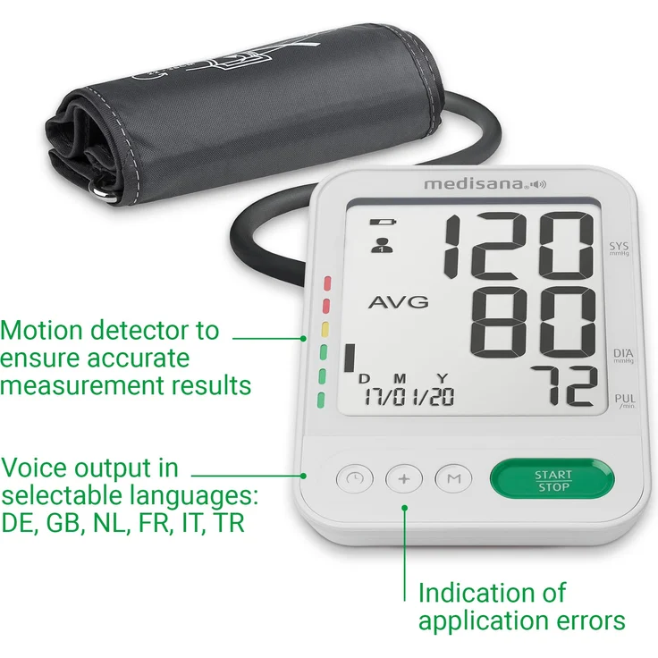 medisana BU 586 Voice Oberarm-Blutdruckmessgerät, präzise Blutdruck und Pulsmessung mit Speicherfunktion und Sprachausgabe, Anzeige eines unregelmäßigen Herzschlags, mit großer Manschette 23-43 cm – Bild 5