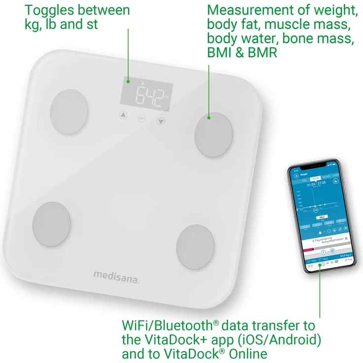 medisana BS 600 Körperanalysewaage bis 180 kg mit W-LAN oder Bluetooth, Personenwaage zur Messung von Körperfett, Körperwasser, Muskelmasse und Knochengewicht mit VitaDock Körperanalyse App – Bild 6