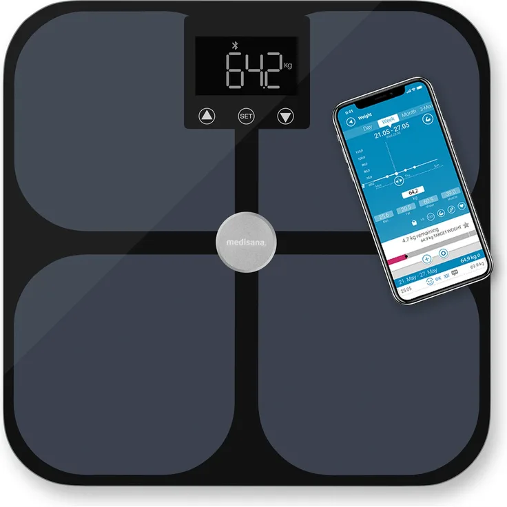 medisana BS 650 Körperanalysewaage bis 180 kg mit W-LAN oder Bluetooth, Personenwaage zur Messung von Körperfett, Körperwasser, Muskelmasse und Knochengewicht mit VitaDock Körperanalyse App