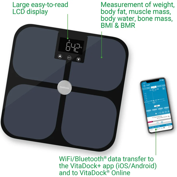 medisana BS 650 Körperanalysewaage bis 180 kg mit W-LAN oder Bluetooth, Personenwaage zur Messung von Körperfett, Körperwasser, Muskelmasse und Knochengewicht mit VitaDock Körperanalyse App – Bild 6