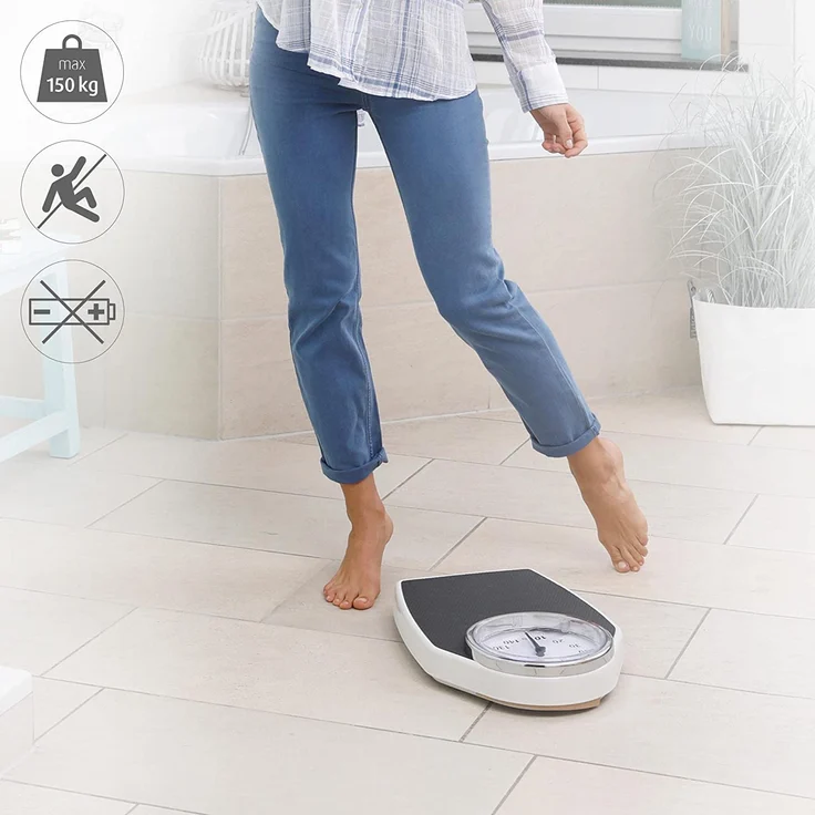 medisana PSD mechanische Personenwaage bis 150 kg, analog, Retrowaage im klassischem Design und großer Skala in frustfreier Verpackung und verstärkter Glasabdeckung – Bild 4
