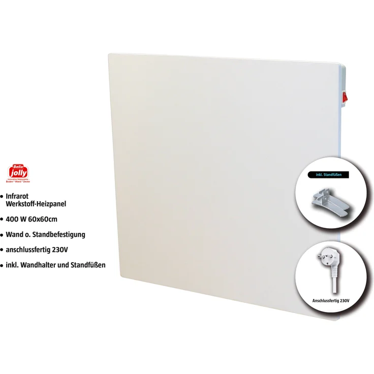 Bella Jolly Infrarot Wandheizkörper 60x60 cm mit Standfüßen, 400 Watt, weiß, Werkstoffplatte