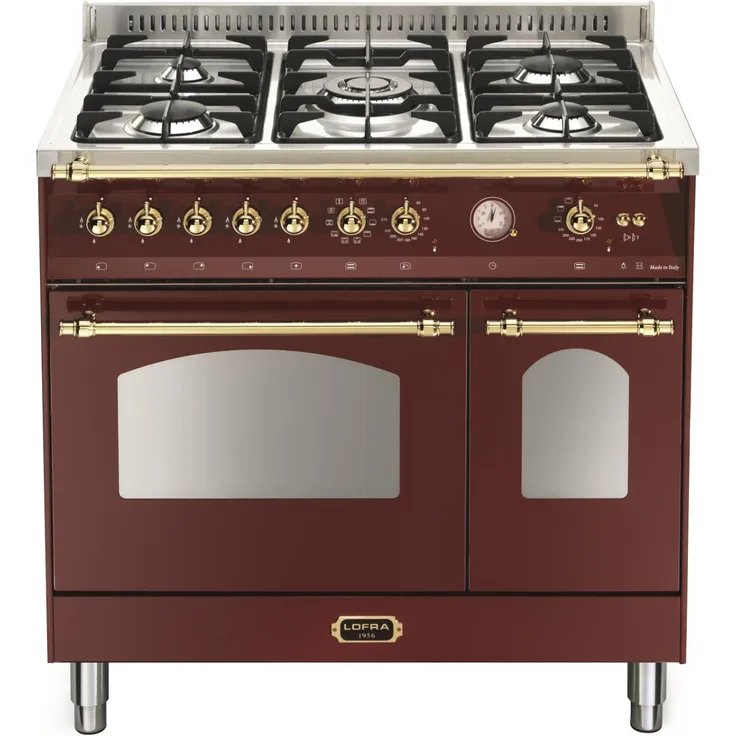 Lofra DOLCEVITA RRD 96 MFTE/CI Standherd, Double Oven, Standgerät, A, Breite 90 cm, Gaskochfeld, Anzahl der Kochstellen 5, Messing Finish, rot