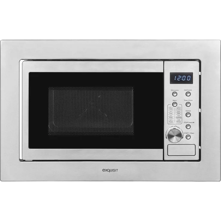 Exquisit EMW20-DG-020 Mikrowelle mit Grill, 59,5 cm breit, Einbaugerät, 800W, 20L Garraum, 5 Leistungsstufen, Edelstahl, inox