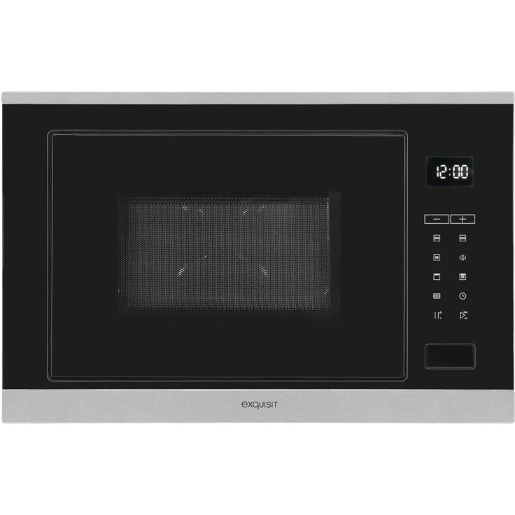 Exquisit EMW25-G-020 Mikrowelle mit Grill, 59,5 cm breit, Einbaugerät, 900W, 25L Garraum, 9 Leistungsstufen, Timer, inkl. Drehteller 31,5 cm, edelstahl