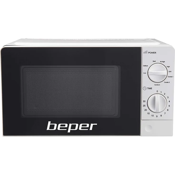 Beper P101FOR001 Mikrowelle mit Grill, 20 Liter Garraum, 700 Watt, Standgerät, 5 Leistungsstufen, Timer, Drehregler, 3 Kochmodi, Drehteller aus Glas 24,5 cm, weiß