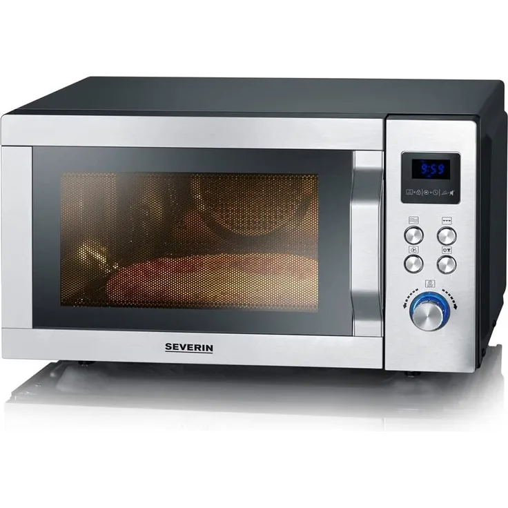 Severin MW 7778 4-in-1 Mikrowelle, 25 Liter Garraum, 900 Watt, Grillfunktion, Heißluft 230°C, Pizzafunktion, Auftauen, 11 Programme, silber