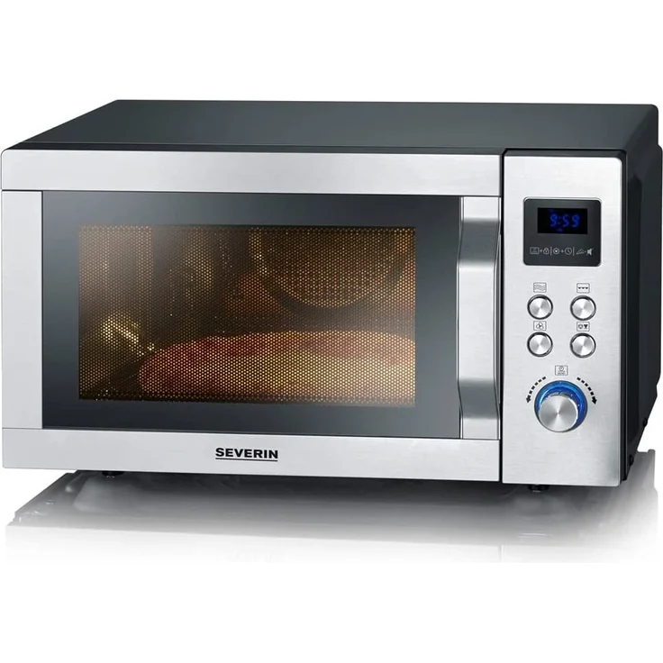 Severin MW 7778 4-in-1 Mikrowelle, 25 Liter Garraum, 900 Watt, Grillfunktion, Heißluft 230°C, Pizzafunktion, Auftauen, 11 Programme, silber – Bild 1