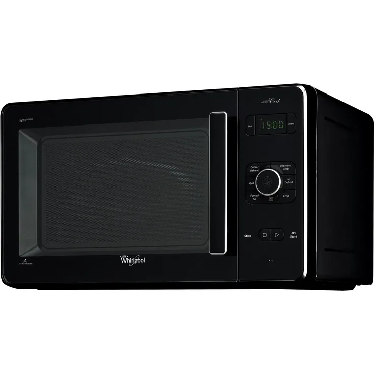 Whirlpool JC 218 BL Mikrowelle, 30 L Garraum, mit Grill, 1000 W, Standgerät, inkl. Dampfgargefäß, Crisp-Platte, Grillrost, 90 Minuten Timer, schwarz