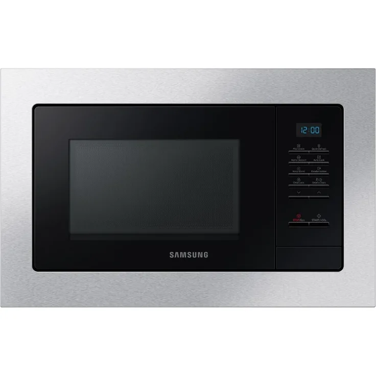 Samsung MS20A7013AT/EF Mikrowelle mit Grill, 20 L Garraum, 850 W, Einbaugerät, 3 Automatikprogramme, Auftauen, Heißluft, Keramik-Emaille-Beschichtung, silber, schwarz