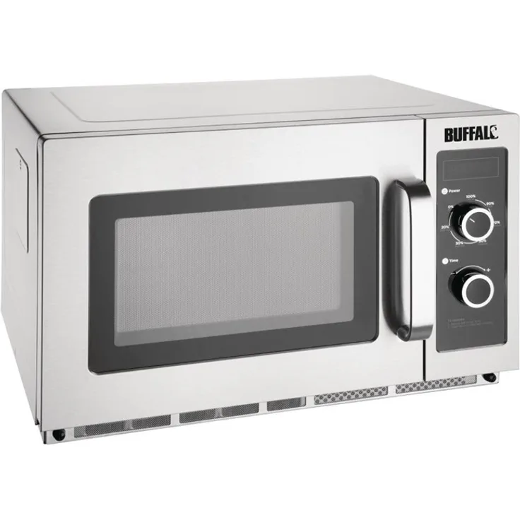 Buffalo Gastro-Mikrowelle, 34L Garraum, 1800W, Standgerät, 5 Leistungsstufen, Drehregler, Display, Timer, silber