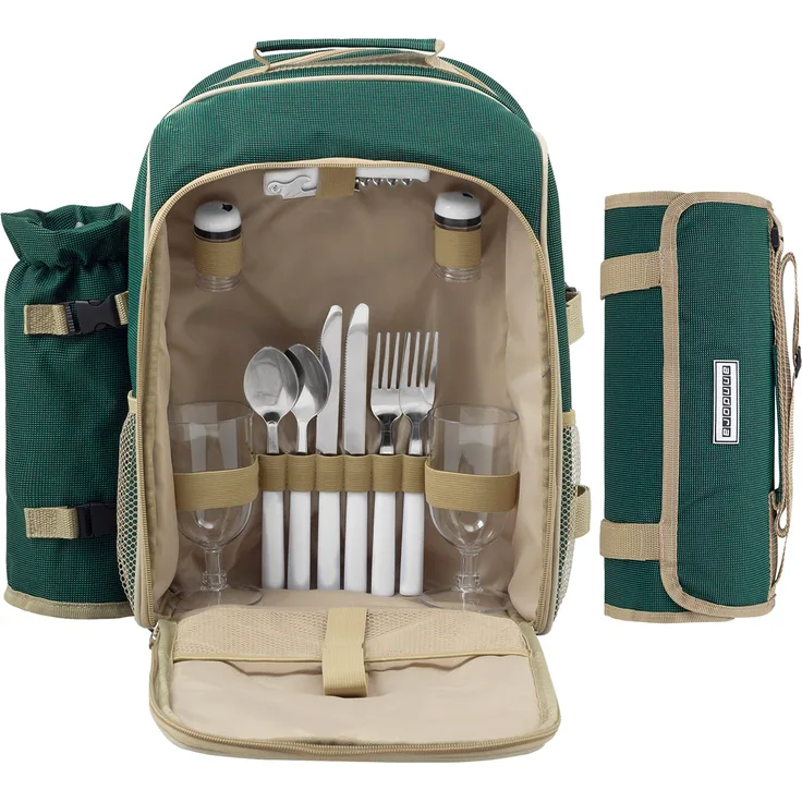 Mit Picknickdecke Grün und Picknickdecke  anndora Picknickrucksack 2 Personen 15 tlg. Zubehör und Picknickdecke grün beige