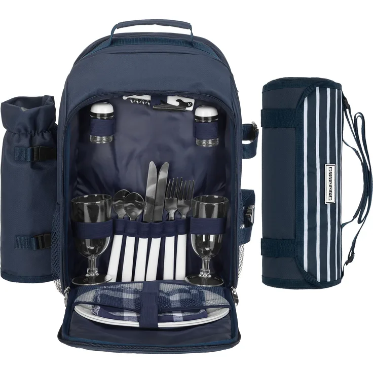 Mit Picknickdecke Navy und Picknickdecke  anndora Picknickrucksack 15 tlg. Zubehör und Picknickdecke blau weiß gestreift