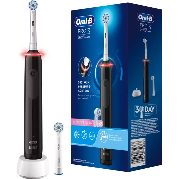 Oral-B Pro 3 3000 Sensitive Clean Black Elektrische Zahnbürste, 2 Aufsteckbürsten