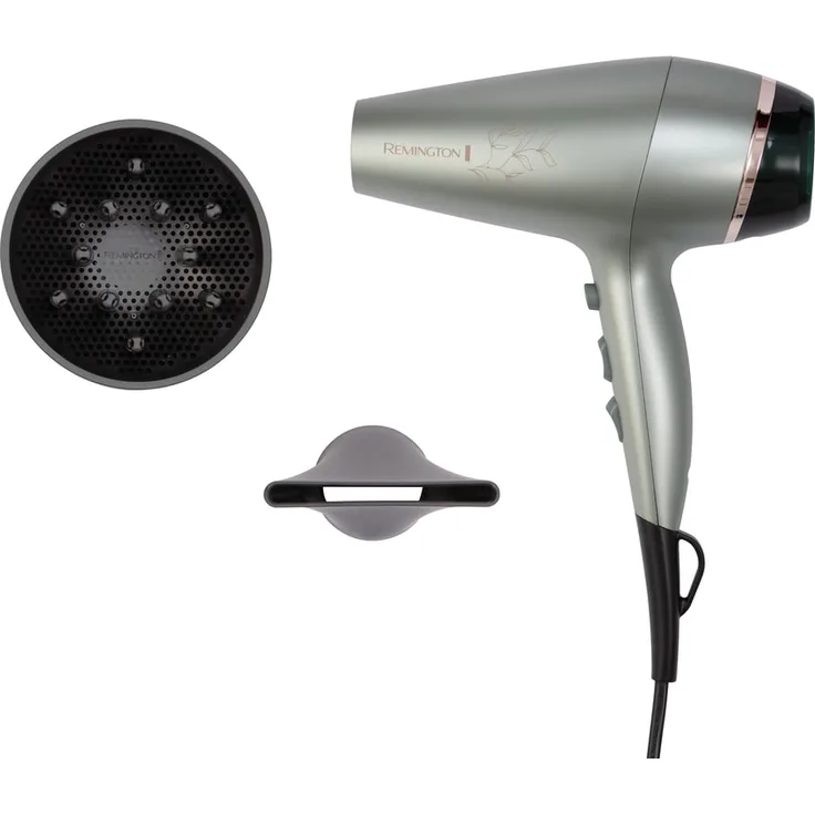 Remington AC5860 Botanicals Haartrockner, 2.300 Watt, 2 Gebläsestufen, Kaltstufe, 6 mm Stylingdüse, Diffusor, Aufhängeöse, metallic grün