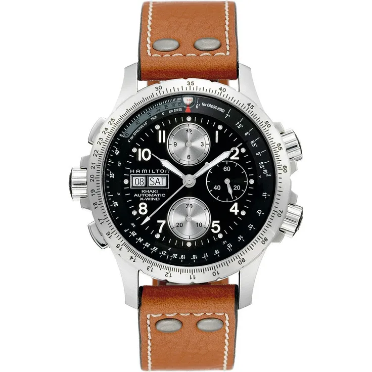 Hamilton Herren Uhr H77616533 Khaki Aviation X-Wind Automatik Chrono, Leder braun mit beiger Naht