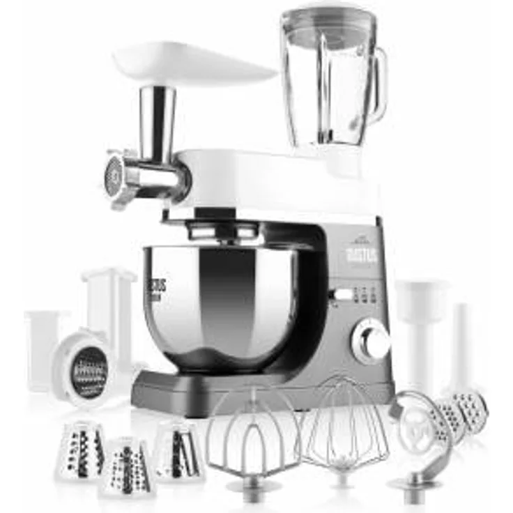 ETA Gustus Gulliver IV Küchenmaschine, 1200 Watt, 6 Geschwindigkeiten, 5,5 Liter, inkl. Standmixer, Durchlaufschnitzler, Fleischwolf, silber, weiß - Preisvergleich