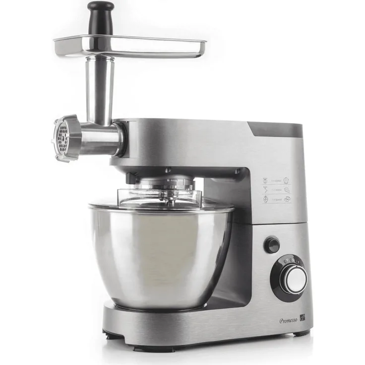 G21 Promesso Küchenmaschine, 1500 Watt, 5,5 Liter, inkl. Fleischwolf, Spritzgebäckvorsatz, Nudelvorsatz, Durchlaufschnitzler, Metall, silber