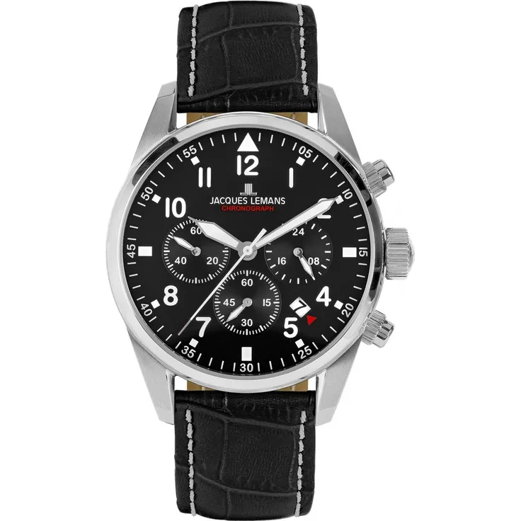 Jacques Lemans Herren Uhr 42-2A Chronograph, Edelstahl, Leder schwarz
