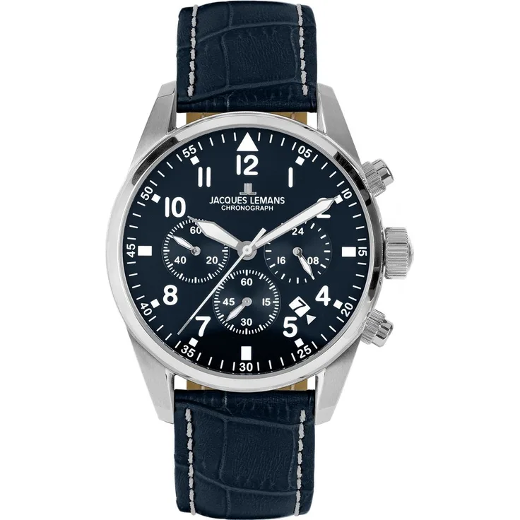 Jacques Lemans Herren Uhr 42-2B Chronograph, Edelstahl, Leder dunkelblau
