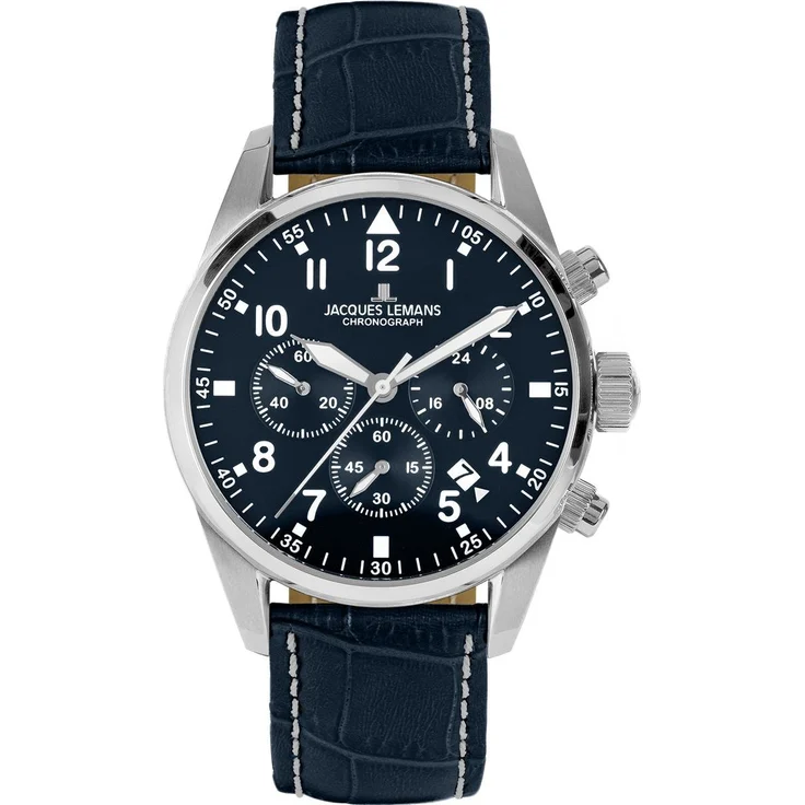 Jacques Lemans Herren Uhr 42-2B Chronograph, Edelstahl, Leder dunkelblau – Bild 1