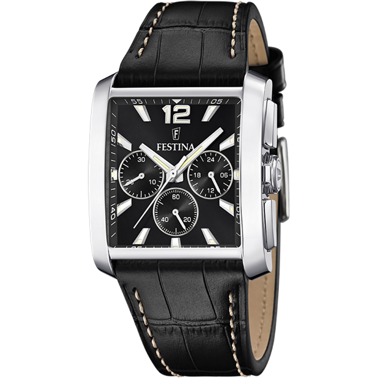 Festina Herrenarmbanduhr F20636/4 Chronograph Leder Schwarz mit Weißer Naht
