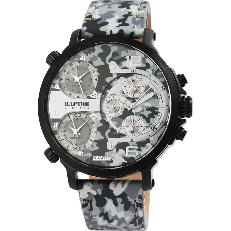 Raptor Herrenarmbanduhr RA20130-010 Multifunktion Leder, camouflage grau